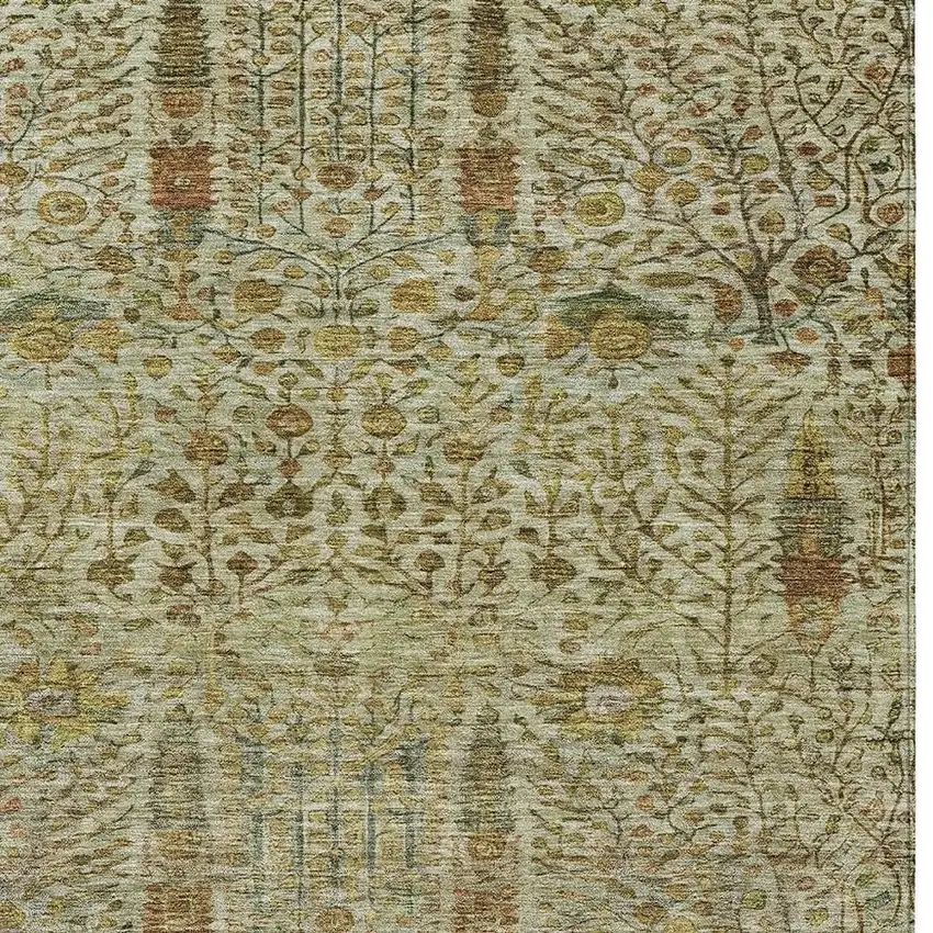 Wheat And Fern Green Floral Washable Indoor Outdoor Area Rug Photo 3