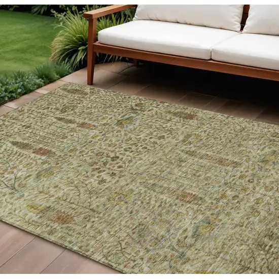 Wheat And Fern Green Floral Washable Indoor Outdoor Area Rug Photo 2