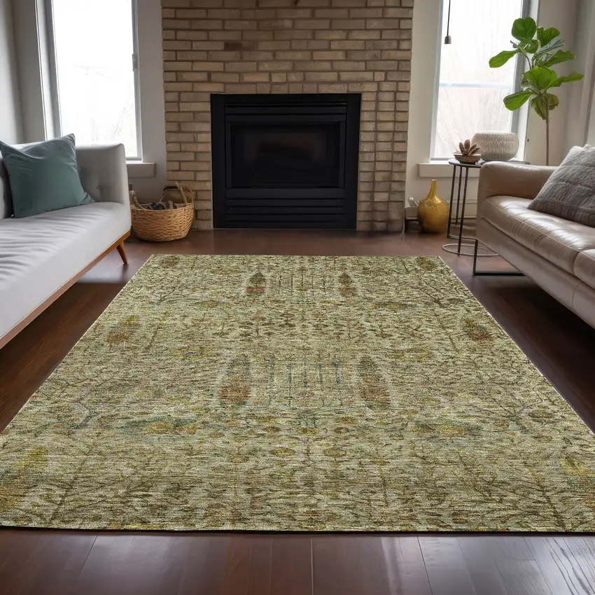 Wheat And Fern Green Floral Washable Indoor Outdoor Area Rug Photo 8