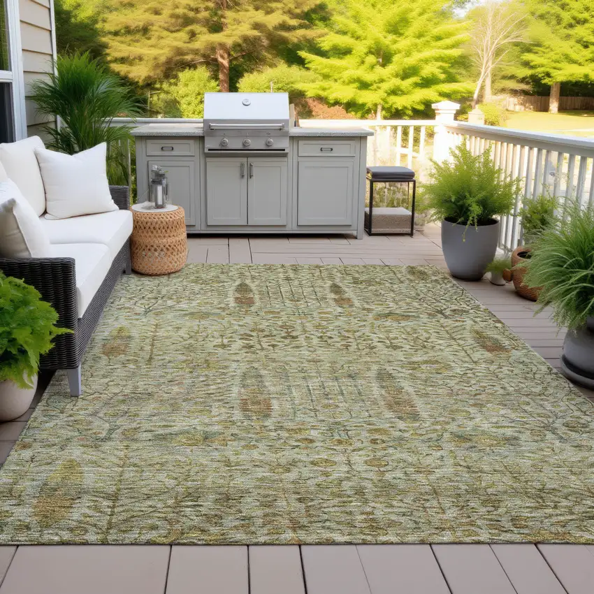 Wheat And Fern Green Floral Washable Indoor Outdoor Area Rug Photo 6