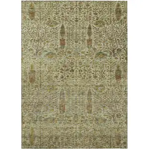 Photo of Wheat And Fern Green Floral Washable Indoor Outdoor Area Rug