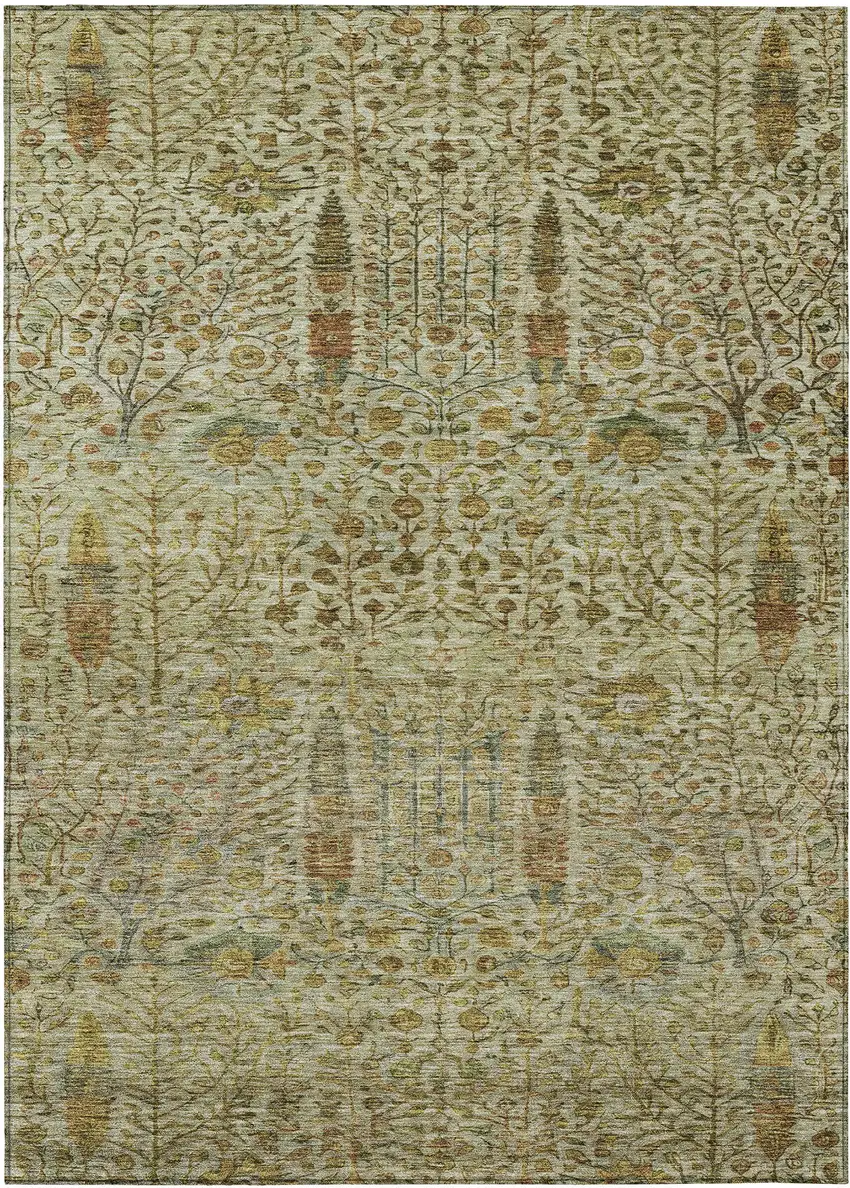 Wheat And Fern Green Floral Washable Indoor Outdoor Area Rug Photo 1