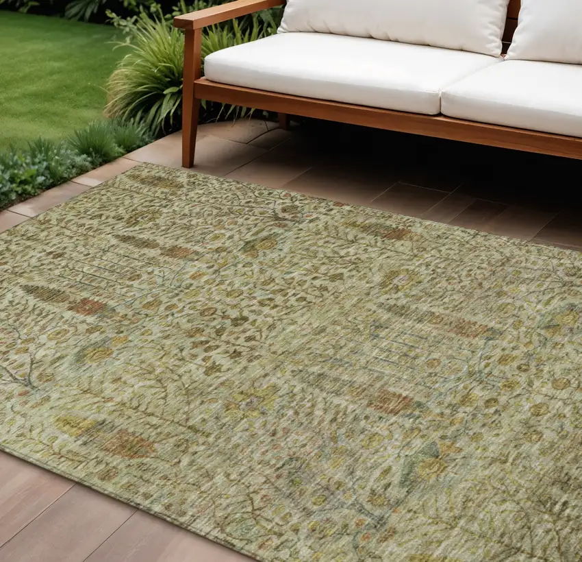 Wheat And Fern Green Floral Washable Indoor Outdoor Area Rug Photo 2