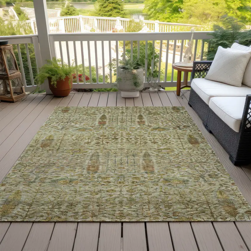 Wheat And Fern Green Floral Washable Indoor Outdoor Area Rug Photo 9