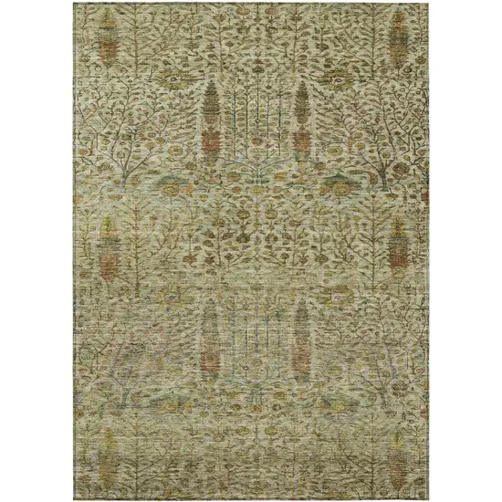 Wheat And Fern Green Floral Washable Indoor Outdoor Area Rug Photo 1