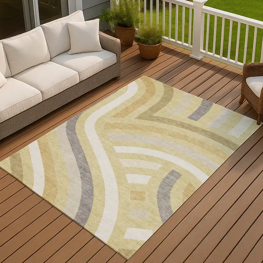 Wheat And Gold Abstract Washable Indoor Outdoor Area Rug Photo 7
