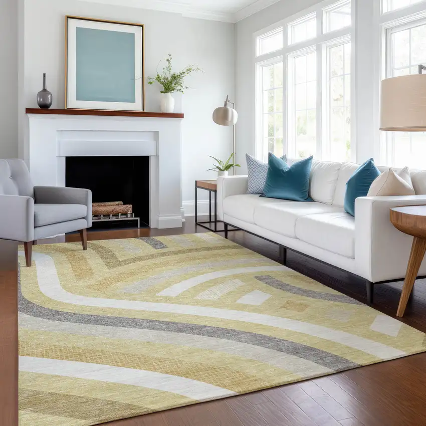 Wheat And Gold Abstract Washable Indoor Outdoor Area Rug Photo 6
