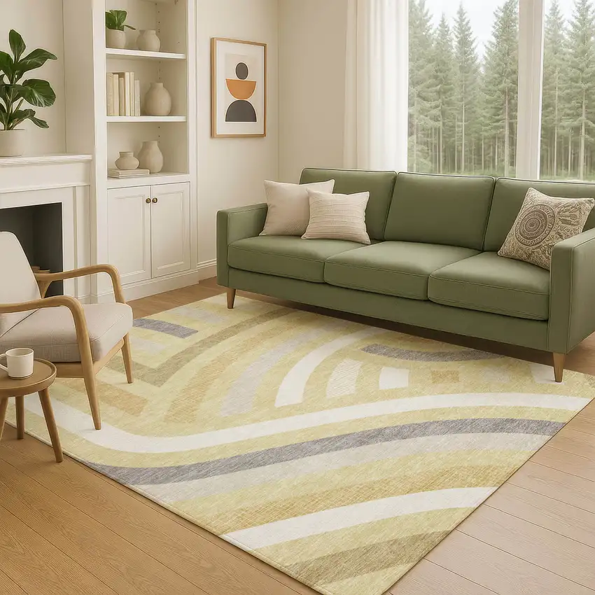 Wheat And Gold Abstract Washable Indoor Outdoor Area Rug Photo 5