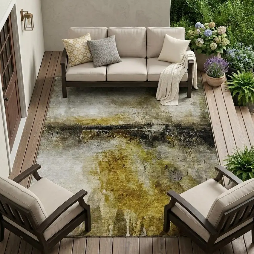 Wheat And Gold Abstract Washable Indoor Outdoor Area Rug Photo 1