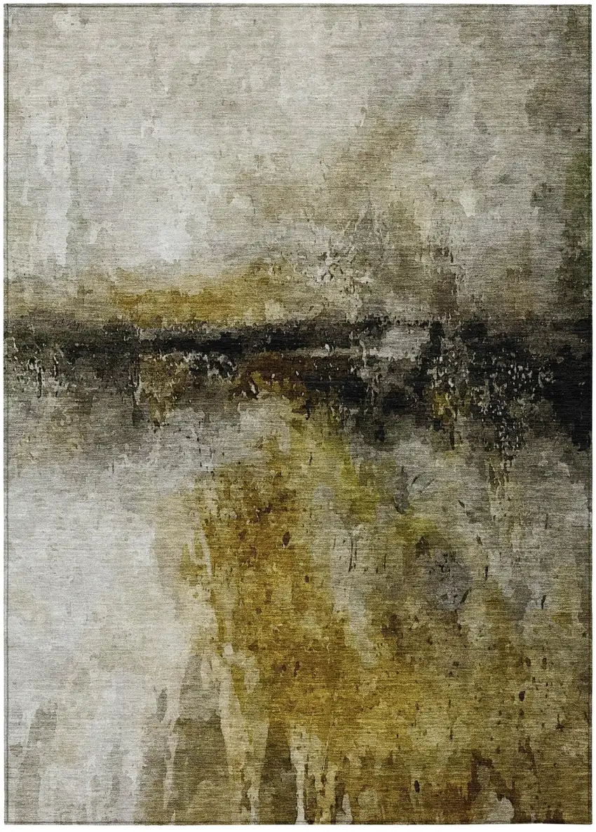 Wheat And Gold Abstract Washable Indoor Outdoor Area Rug Photo 2