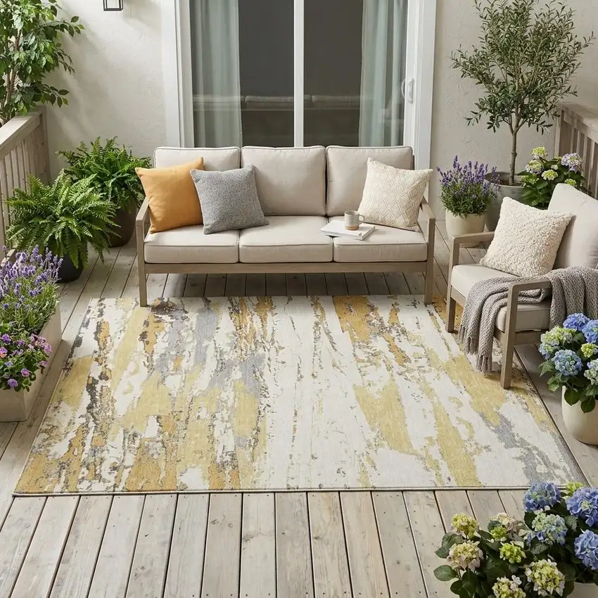 Wheat And Gold Abstract Washable Indoor Outdoor Area Rug Photo 1