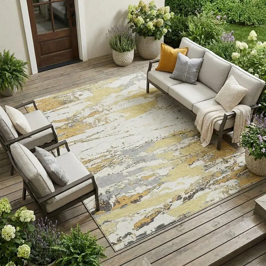 Wheat And Gold Abstract Washable Indoor Outdoor Area Rug Photo 1
