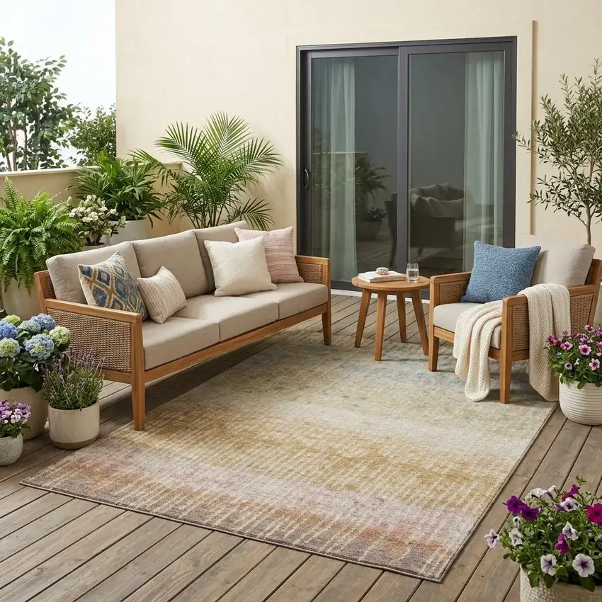 Wheat And Gold Abstract Washable Indoor Outdoor Area Rug Photo 1