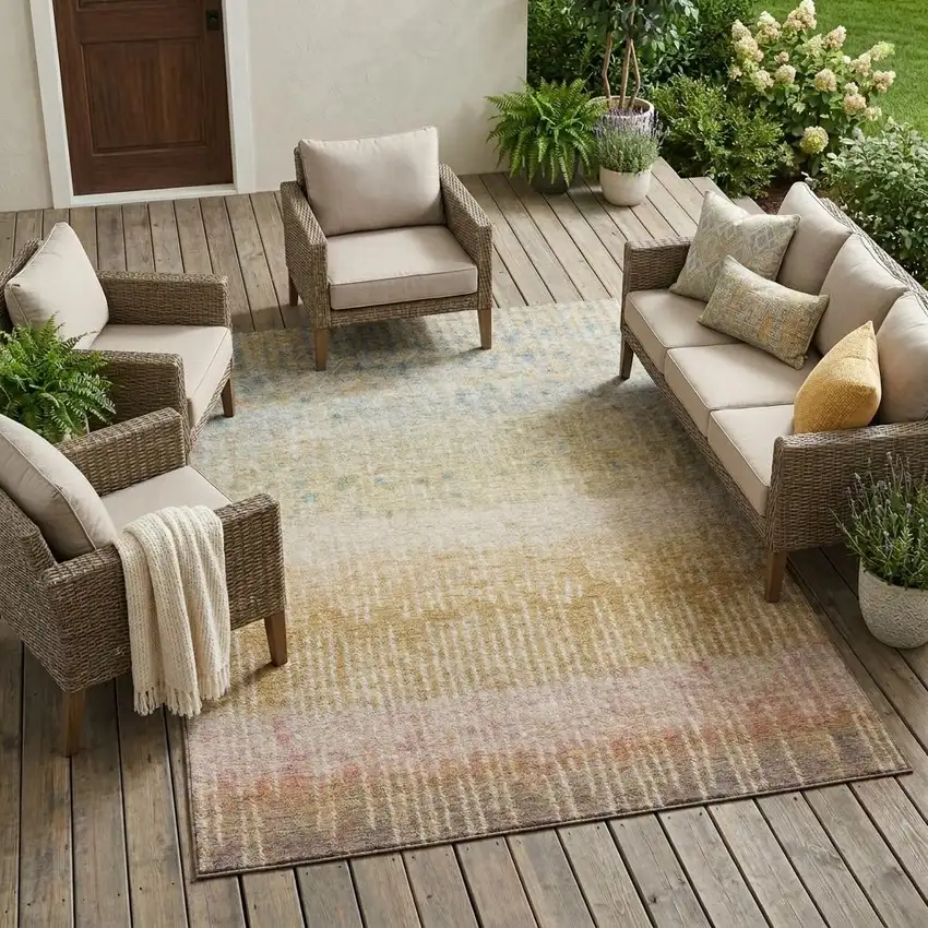 Wheat And Gold Abstract Washable Indoor Outdoor Area Rug Photo 1