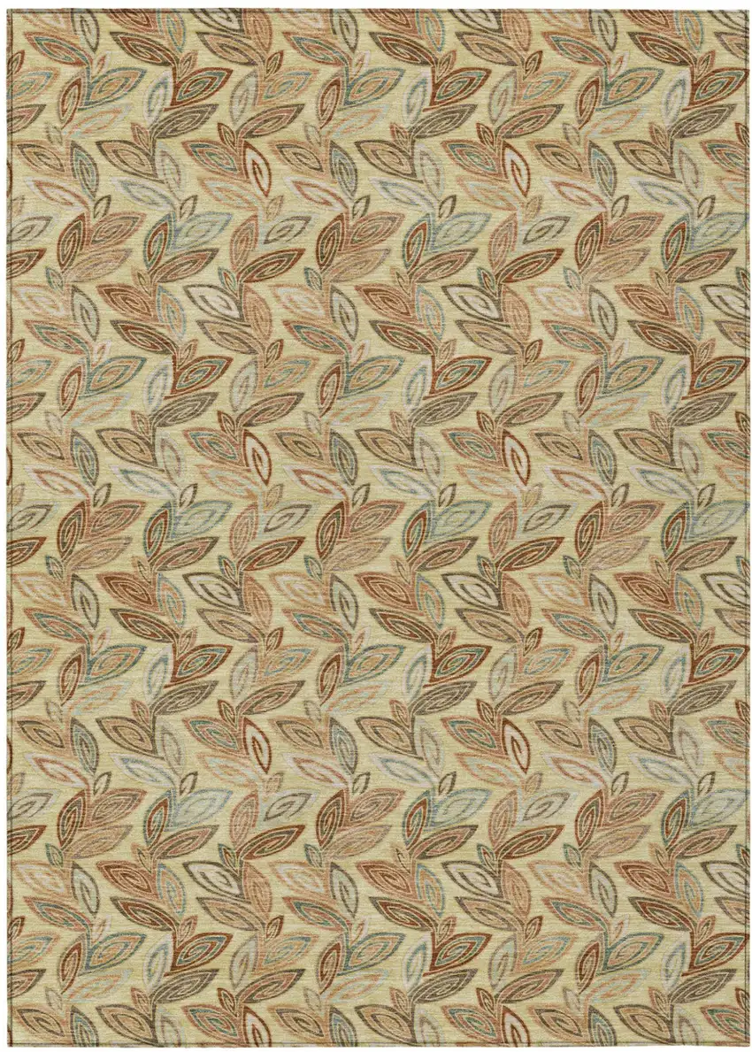 Wheat And Gold Botanical Leaves Washable Indoor Outdoor Area Rug Photo 2