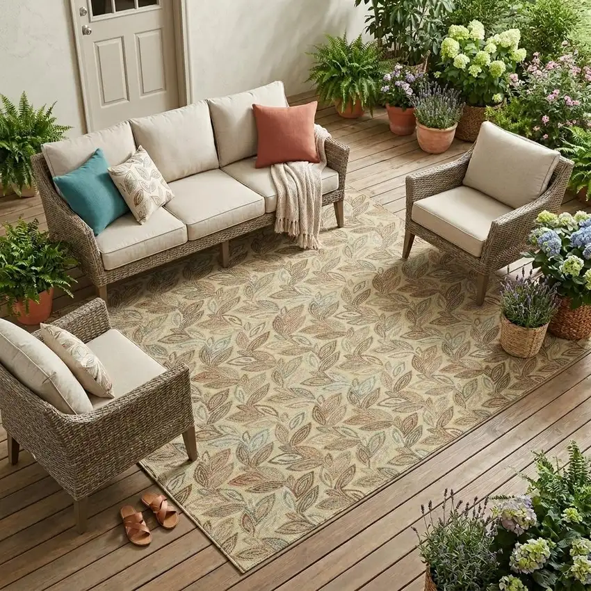 Wheat And Gold Botanical Leaves Washable Indoor Outdoor Area Rug Photo 1
