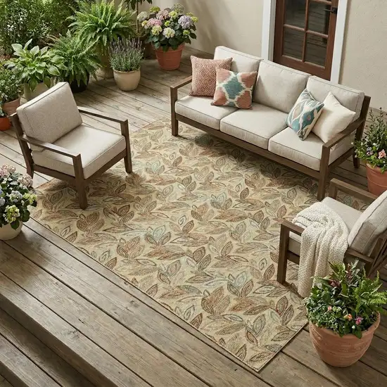 Wheat And Gold Botanical Leaves Washable Indoor Outdoor Area Rug Photo 1