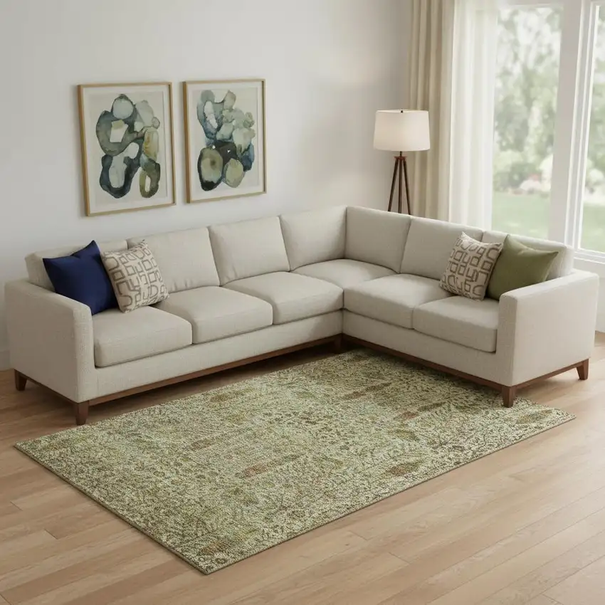 Wheat And Gold Floral Vines Washable Area Rug With UV Protection Photo 2