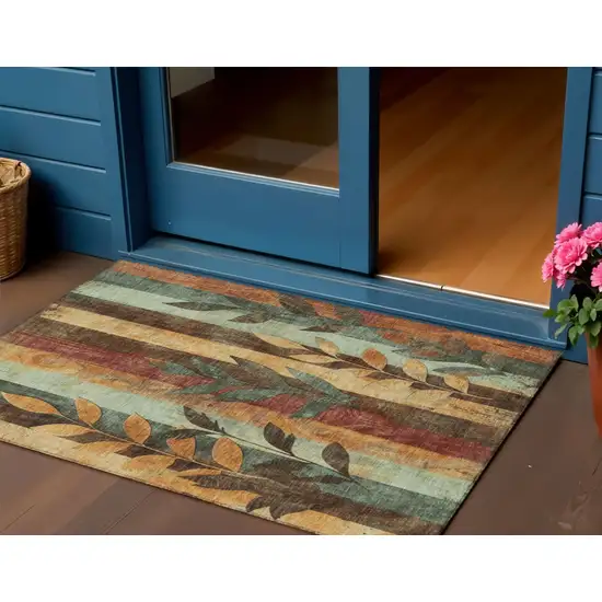 Wheat And Gold Floral Washable Indoor Outdoor Area Rug Photo 2