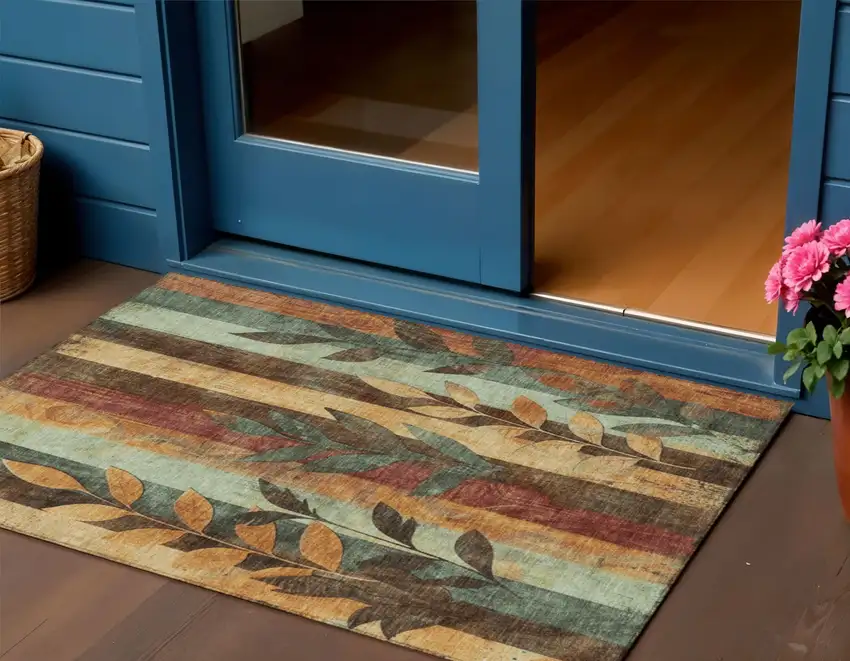 Wheat And Gold Floral Washable Indoor Outdoor Area Rug Photo 2