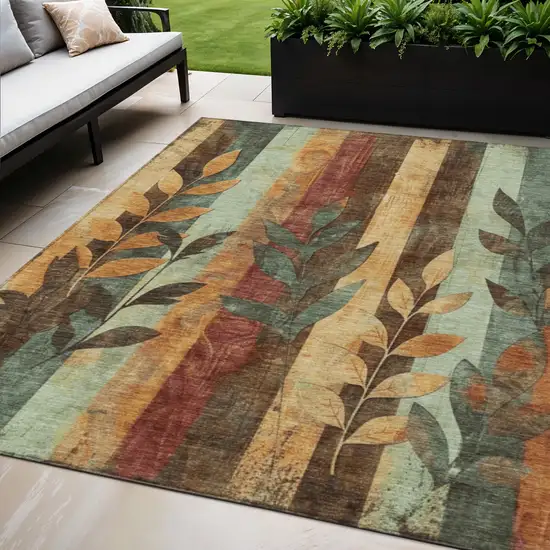 Wheat And Gold Floral Washable Indoor Outdoor Area Rug Photo 2