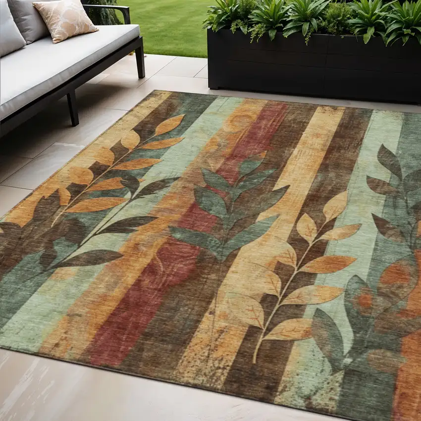 Wheat And Gold Floral Washable Indoor Outdoor Area Rug Photo 2