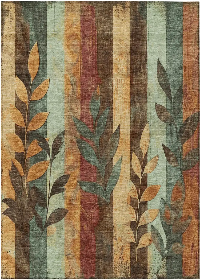 Wheat And Gold Floral Washable Indoor Outdoor Area Rug Photo 6