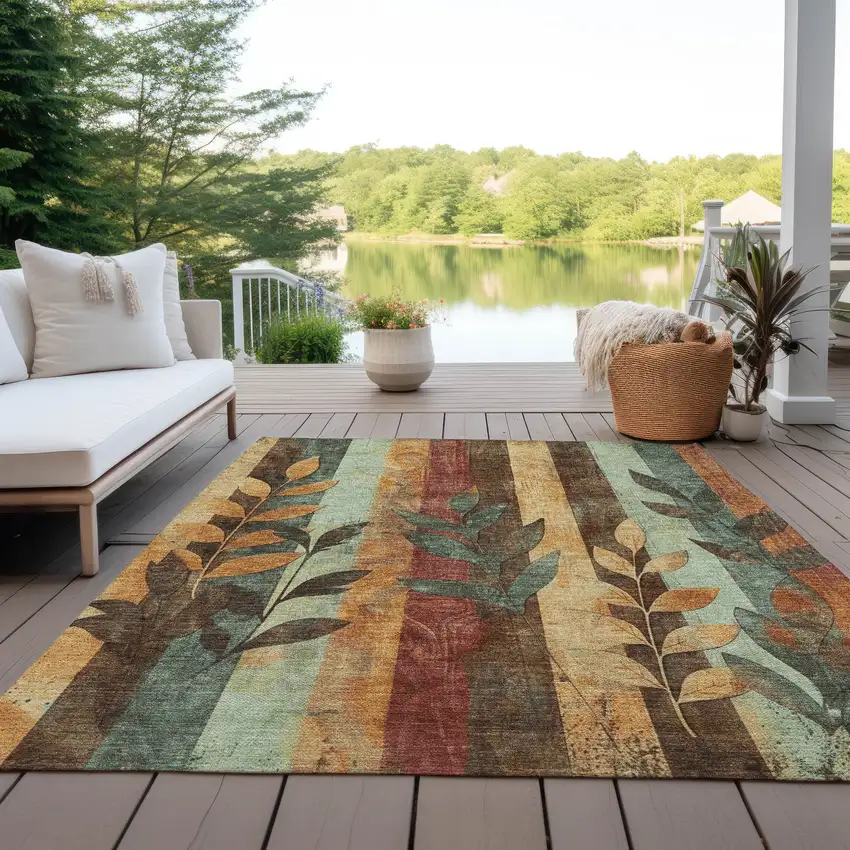 Wheat And Gold Floral Washable Indoor Outdoor Area Rug Photo 5