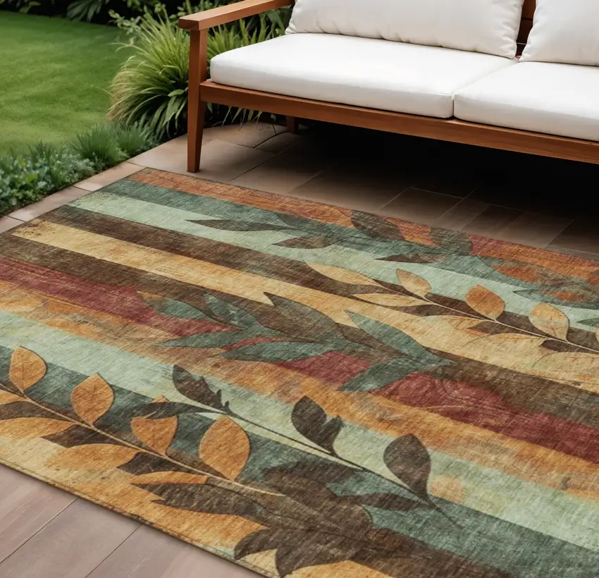 Wheat And Gold Floral Washable Indoor Outdoor Area Rug Photo 2