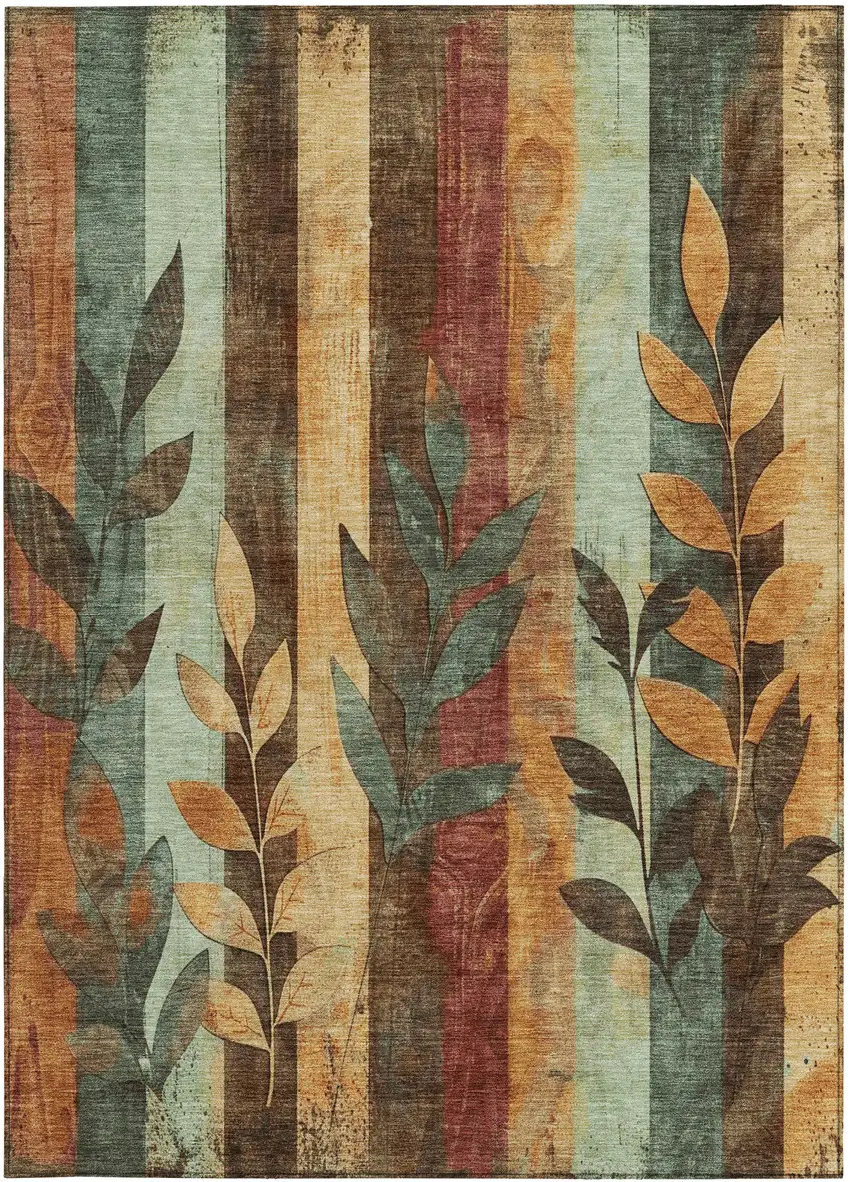 Wheat And Gold Floral Washable Indoor Outdoor Area Rug Photo 7