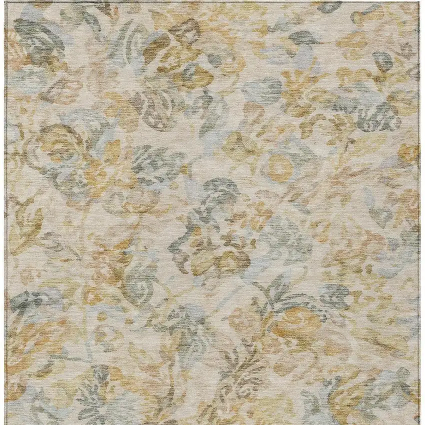 Wheat And Gold Floral Washable Indoor Outdoor Area Rug Photo 4