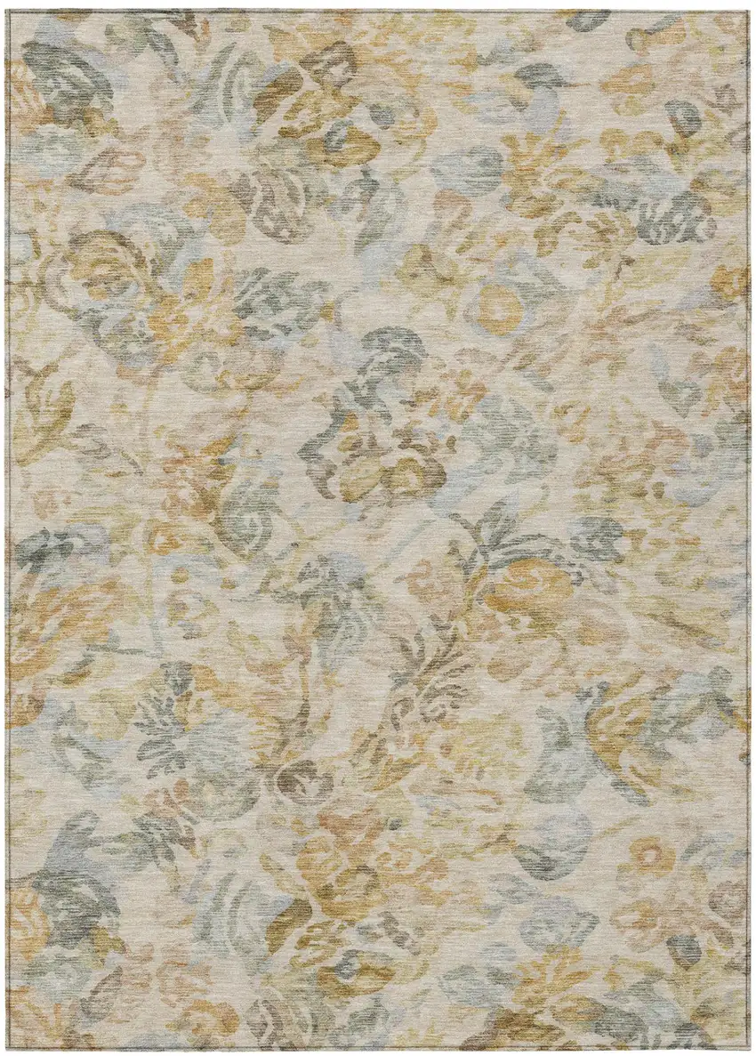 Wheat And Gold Floral Washable Indoor Outdoor Area Rug Photo 2