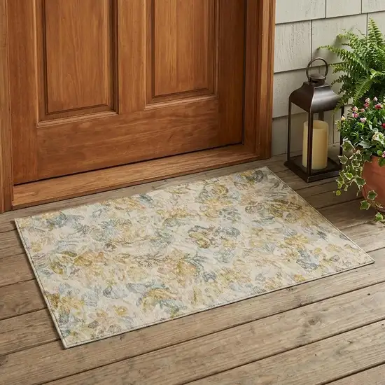 Wheat And Gold Floral Washable Indoor Outdoor Area Rug Photo 1