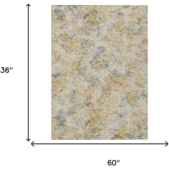Wheat And Gold Floral Washable Indoor Outdoor Area Rug Photo 7