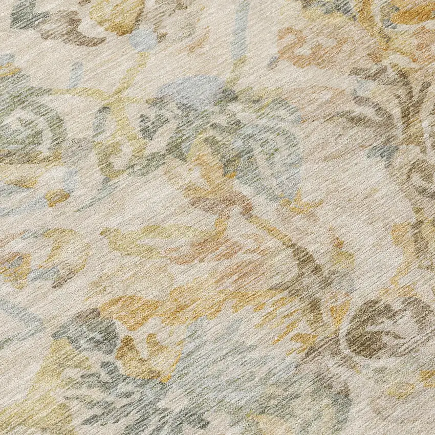 Wheat And Gold Floral Washable Indoor Outdoor Area Rug Photo 6