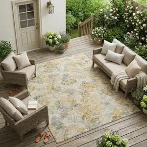 Photo of Wheat And Gold Floral Washable Indoor Outdoor Area Rug