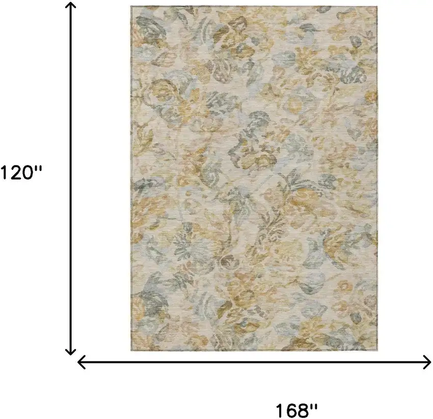 Wheat And Gold Floral Washable Indoor Outdoor Area Rug Photo 7