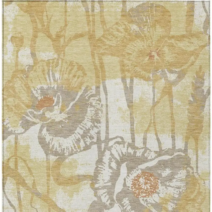 Wheat And Gold Floral Washable Indoor Outdoor Area Rug Photo 3