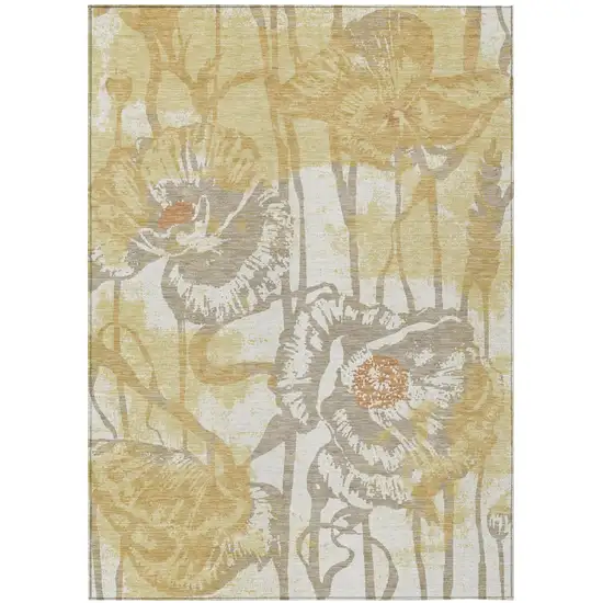 Wheat And Gold Floral Washable Indoor Outdoor Area Rug Photo 1