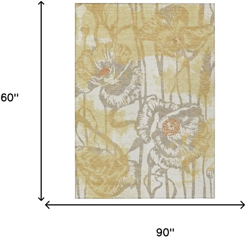 Wheat And Gold Floral Washable Indoor Outdoor Area Rug Photo 6