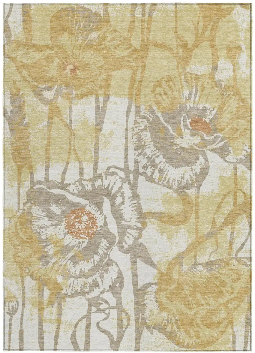 Wheat And Gold Floral Washable Indoor Outdoor Area Rug Photo 3