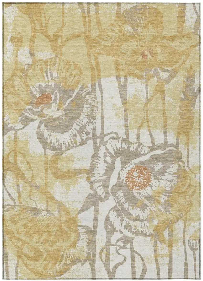 Wheat And Gold Floral Washable Indoor Outdoor Area Rug Photo 1