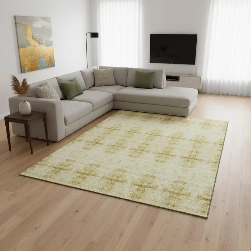 Wheat And Gold Geometric Washable Area Rug With UV Protection Photo 2