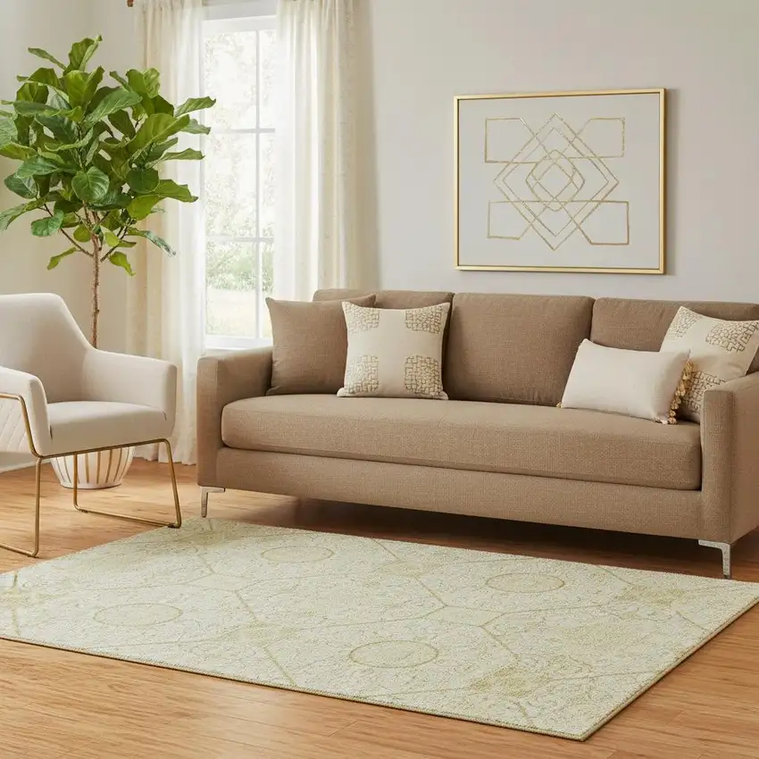 Wheat And Gold Geometric Washable Area Rug With UV Protection Photo 2