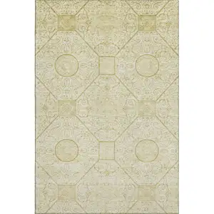 Photo of Wheat And Gold Geometric Washable Area Rug With UV Protection