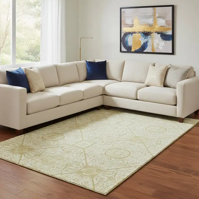 Wheat And Gold Geometric Washable Area Rug With UV Protection Photo 2