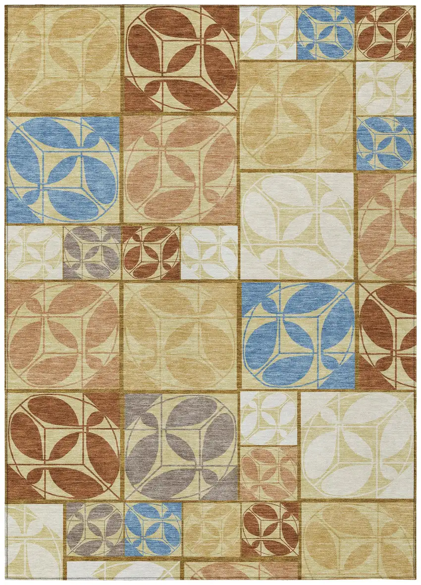 Wheat And Gold Geometric Washable Indoor Outdoor Area Rug Photo 1