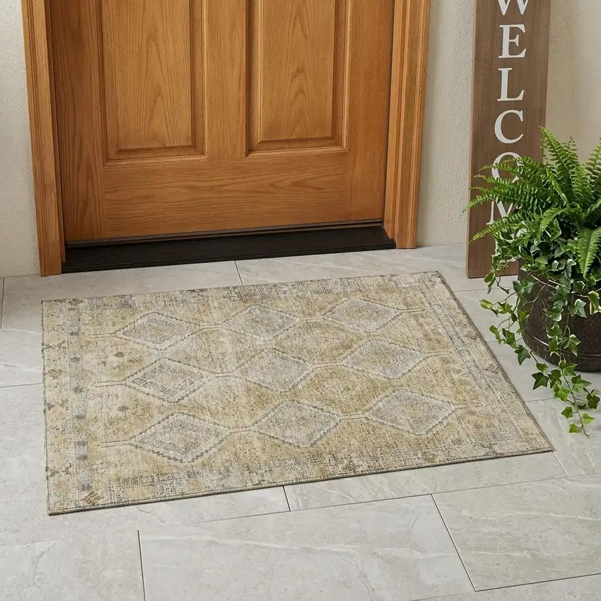 Wheat And Gold Geometric Washable Indoor Outdoor Area Rug Photo 1