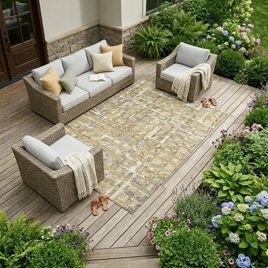 Wheat And Gold Geometric Washable Indoor Outdoor Area Rug Photo 1