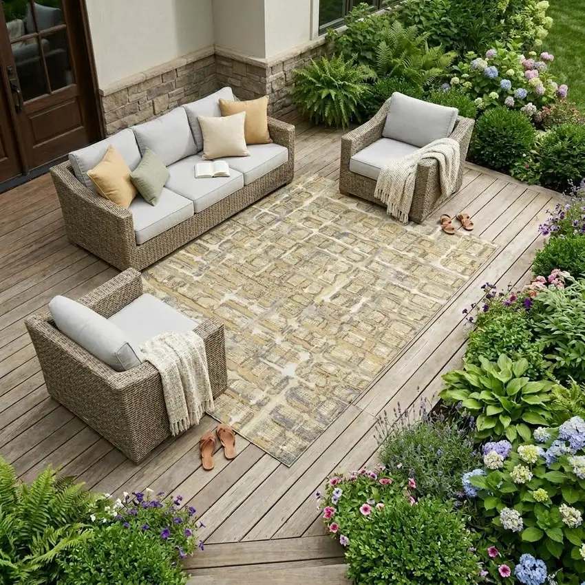 Wheat And Gold Geometric Washable Indoor Outdoor Area Rug Photo 1